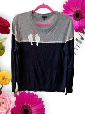 Talbots Lovebirds Blue-Gray Colorblock Crewneck Pullover Sweater with Bird Motif